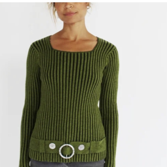 ALISON SHERI* faux belt y2k long sleeve ribbed striped grey/black round neck - Picture 12 of 12